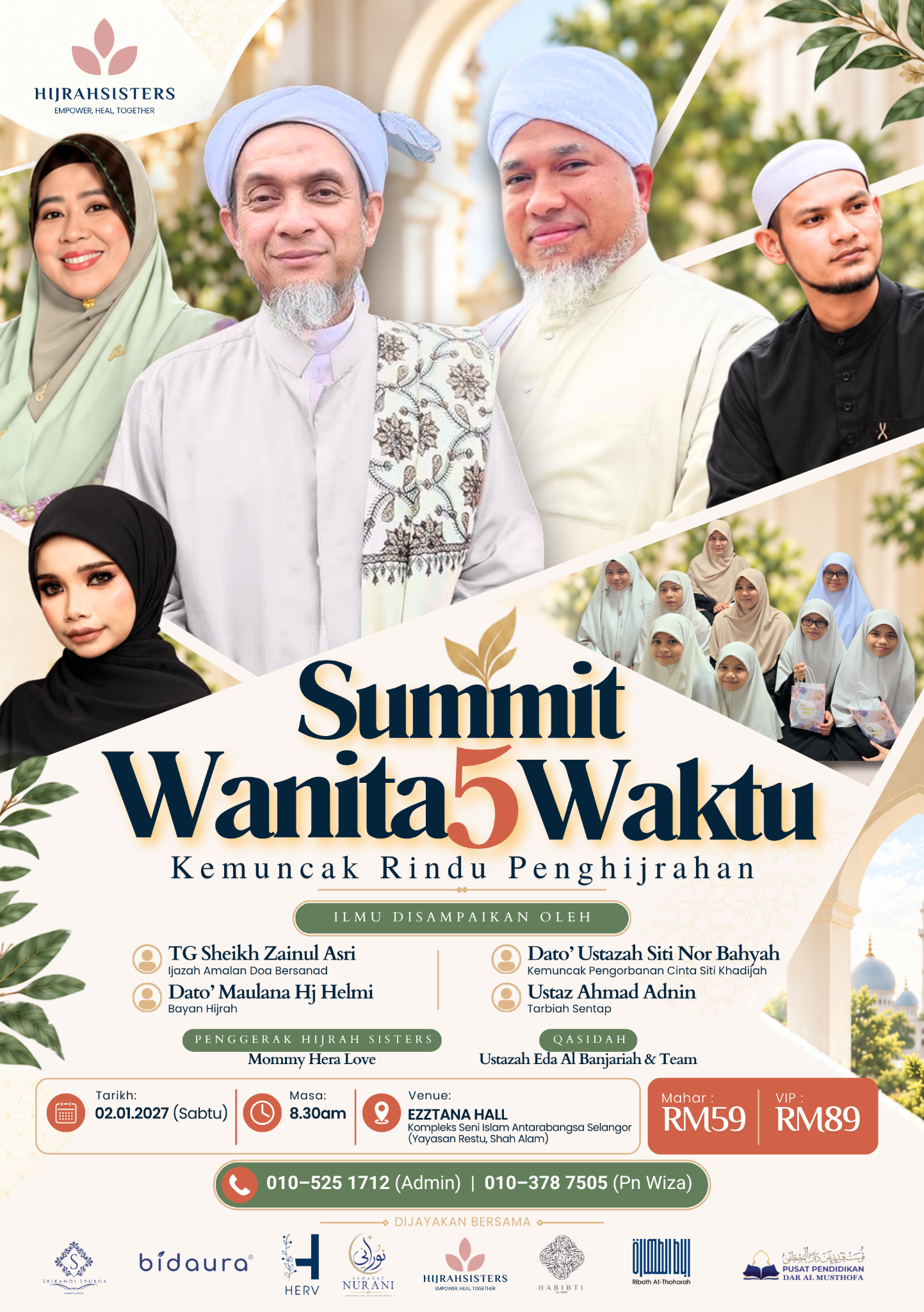 Poster Summit Wanita5Waktu: Kemuncak Rindu Penghijrahan, 2 Januari 2027, 8.30 pagi, Yayasan Restu Shah Alam. Tiket RM59 dan VIP RM89.